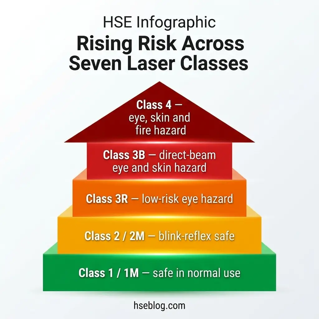 Pyramid diagram showing seven laser safety classes from Class 1 (safe in normal use) at the bottom to Class 4 (eye, skin and fire hazard) at the top, illustrating increasing risk levels.