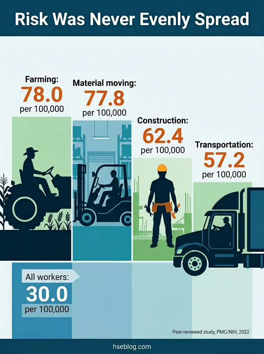 Chart comparing injury and fatality rates across industries showing farming at 78.0 per 100,000 workers, material moving at 77.8, construction at 62.4, transportation at 57.2, and all workers average at 30.0 per 100,000.