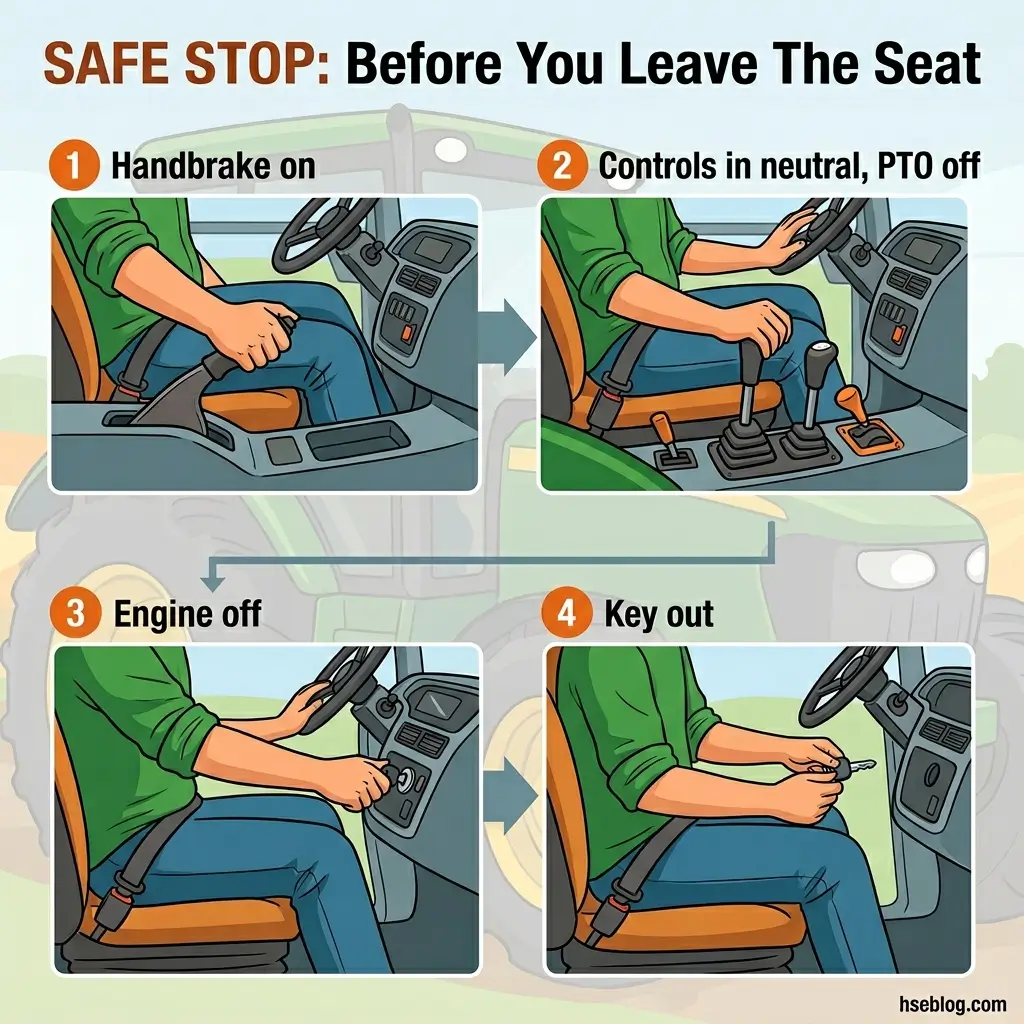 Four-step safety checklist illustrated for leaving a vehicle seat: engage handbrake, shift controls to neutral with PTO off, turn engine off, and remove the key from ignition.