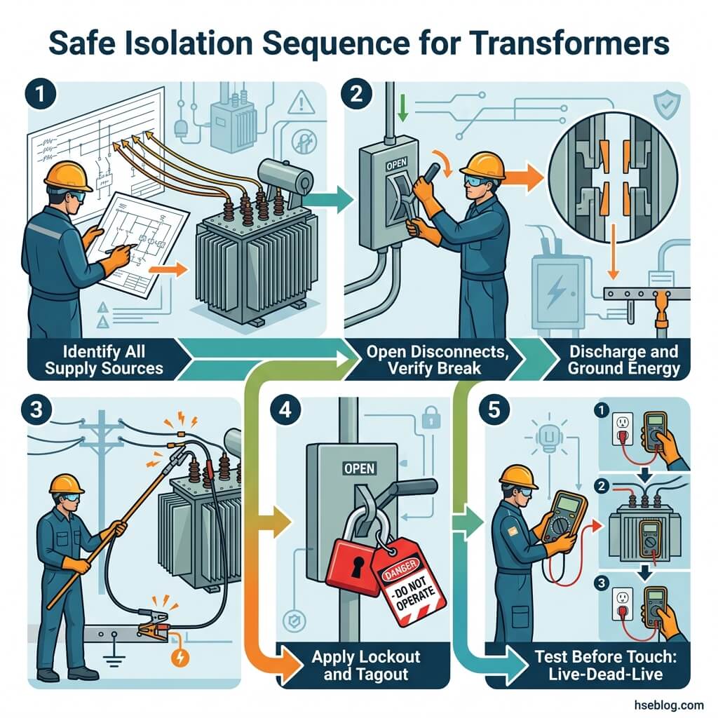 Illustrated step-by-step guide showing safe transformer isolation procedures, including identifying power sources, disconnecting switches, discharging energy, applying lockout-tagout, and testing for live circuits before maintenance work.