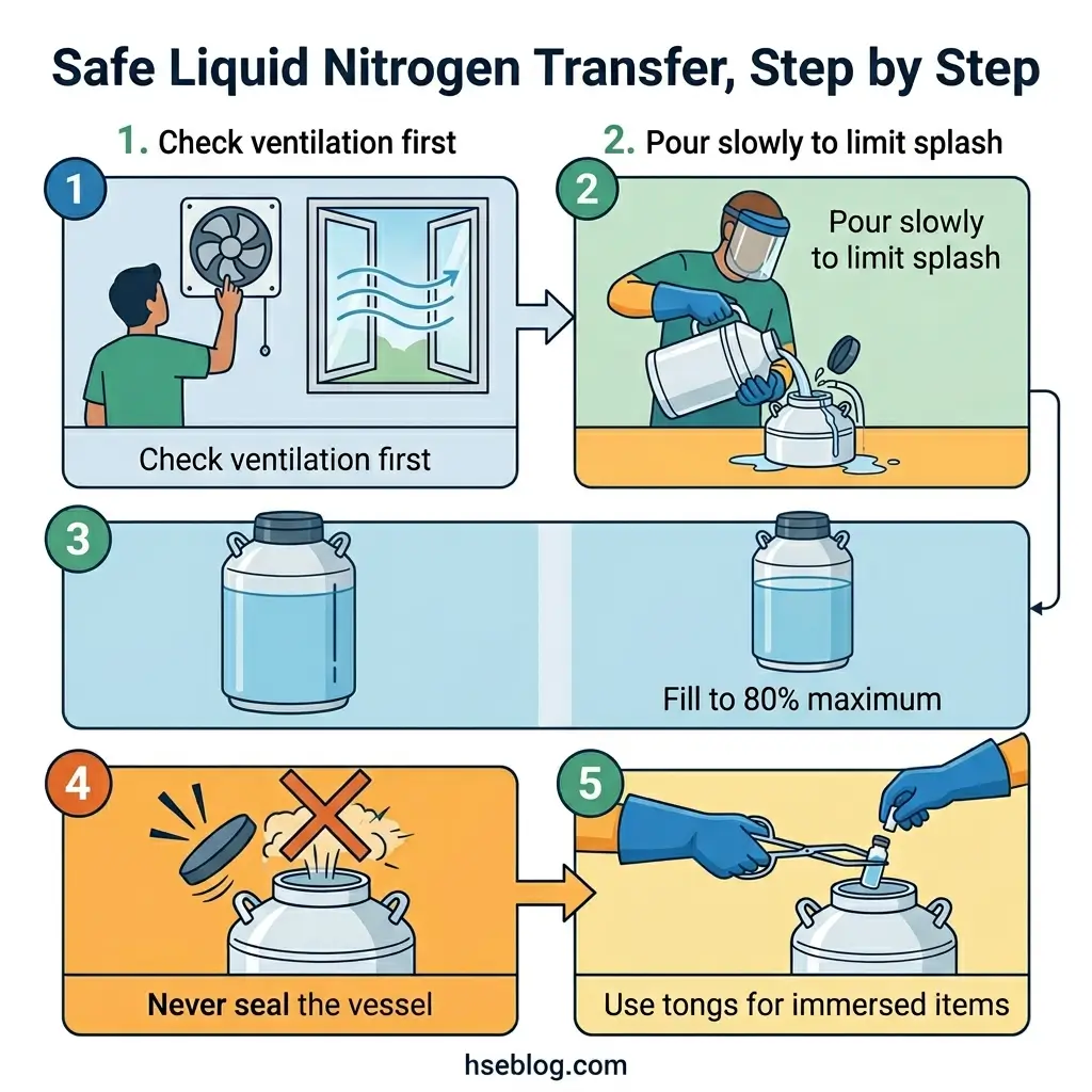 Illustrated guide showing five steps for safely transferring liquid nitrogen: check ventilation, pour slowly to prevent splashing, fill container to 80% maximum, never seal the vessel, and use tongs for immersed items.