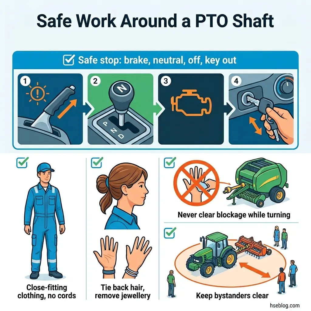 Infographic showing safe work practices around PTO shaft equipment, including proper machine shutdown procedures, required safety clothing, and hazard prevention measures for farm machinery operation.