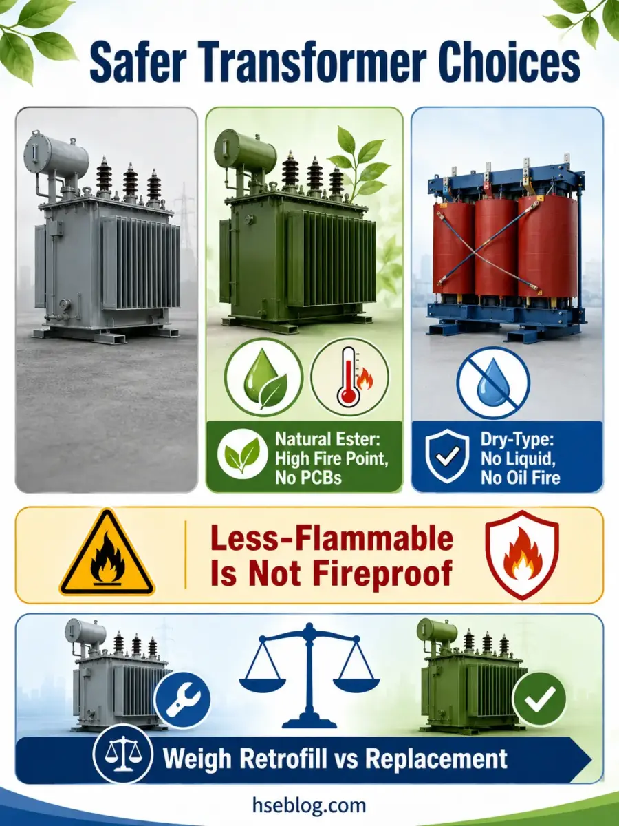 Infographic comparing three safer transformer options: oil-filled, natural ester with high fire point and no PCBs, and dry-type with no liquid or oil fire risk, plus guidance on retrofill versus replacement decisions.