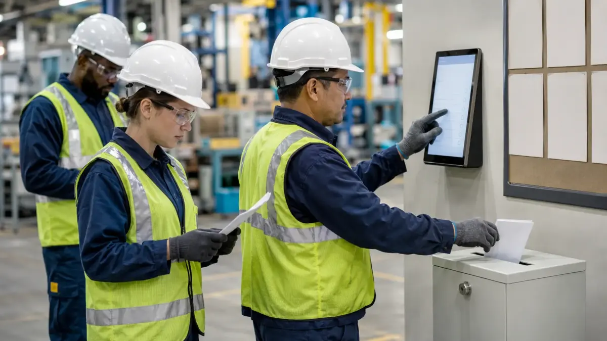 Three industrial workers wearing safety hard hats and high-visibility vests inspect a digital touchscreen display in a manufacturing facility warehouse.