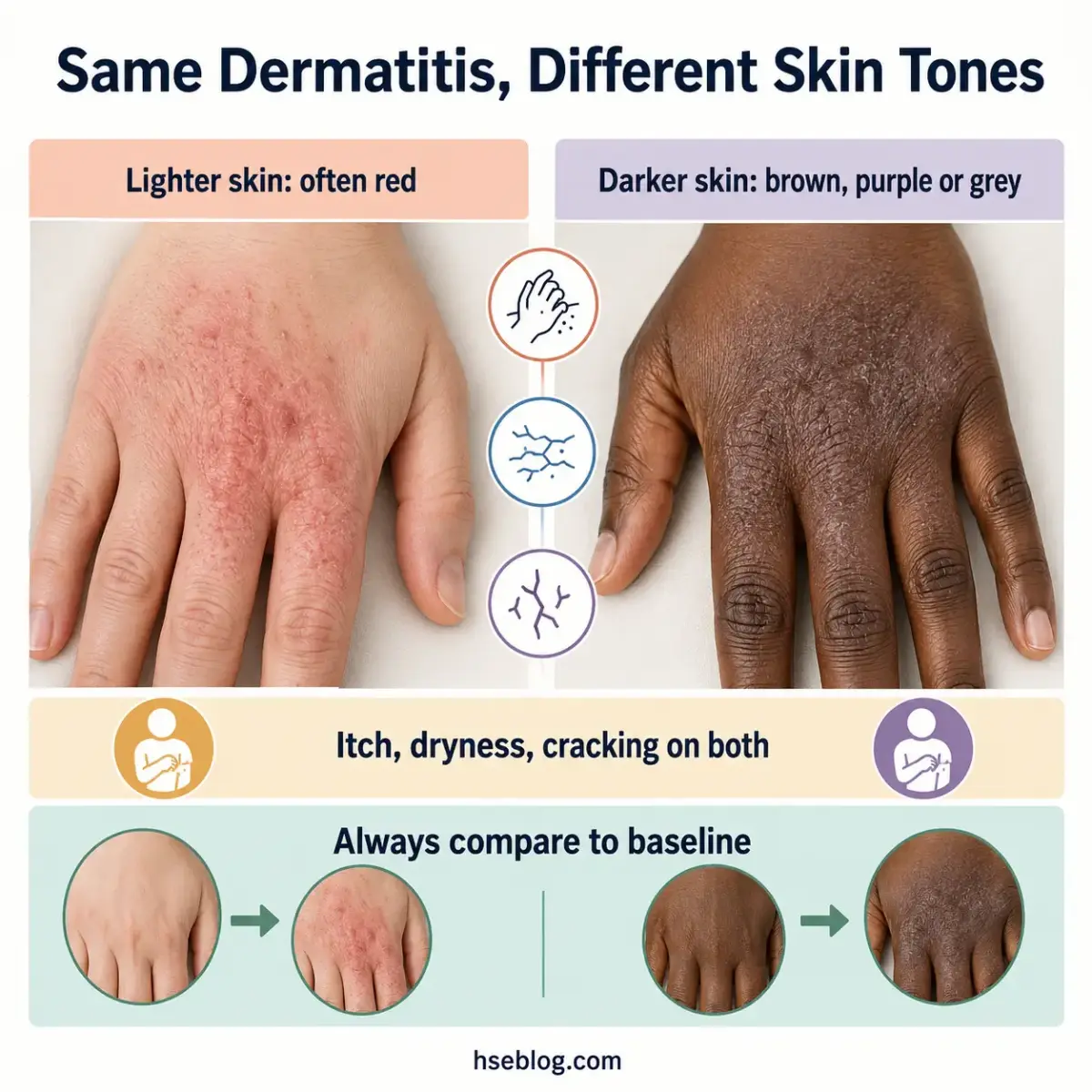 Comparison of dermatitis symptoms on lighter and darker skin tones, showing red inflammation on light skin versus brown and purple discoloration on dark skin, with icons indicating shared symptoms of itch, dryness, and cracking.