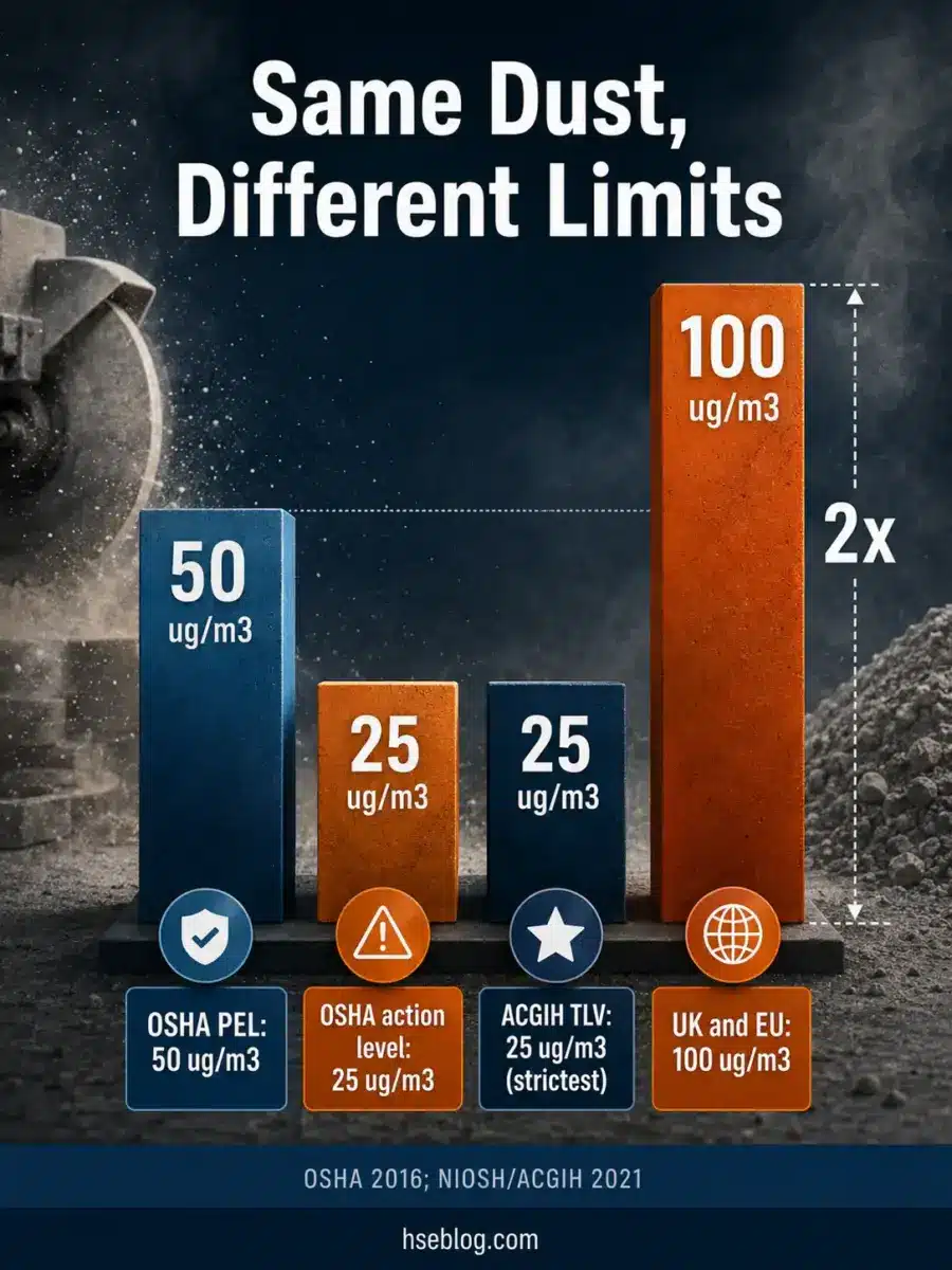 Bar chart comparing dust exposure limits across regulatory standards: OSHA PEL at 50 µg/m³, OSHA action level and ACGIH TLV both at 25 µg/m³, and UK/EU at 100 µg/m³, illustrating varying safety thresholds for the same occupational hazard.