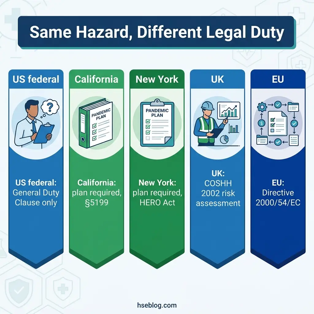 Comparison chart showing how five jurisdictions—US federal, California, New York, UK, and EU—have different legal requirements for pandemic planning despite facing the same hazard.