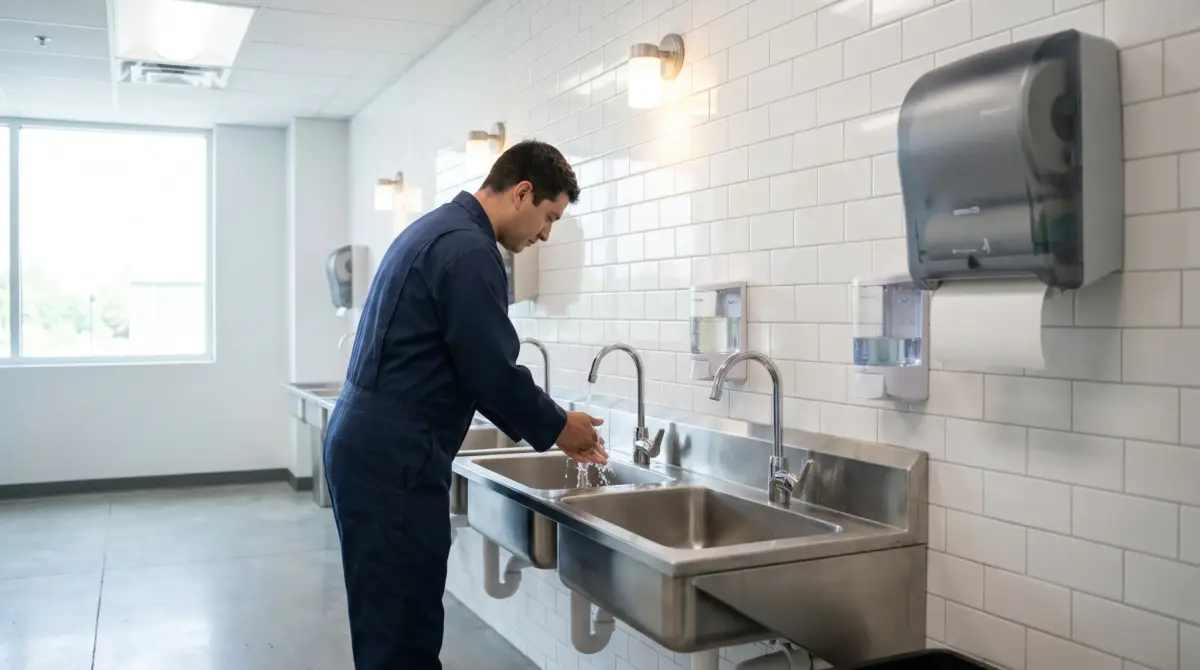 Person in blue shirt washing hands at stainless steel sink in clean modern bathroom with white subway tile walls and paper towel dispenser.