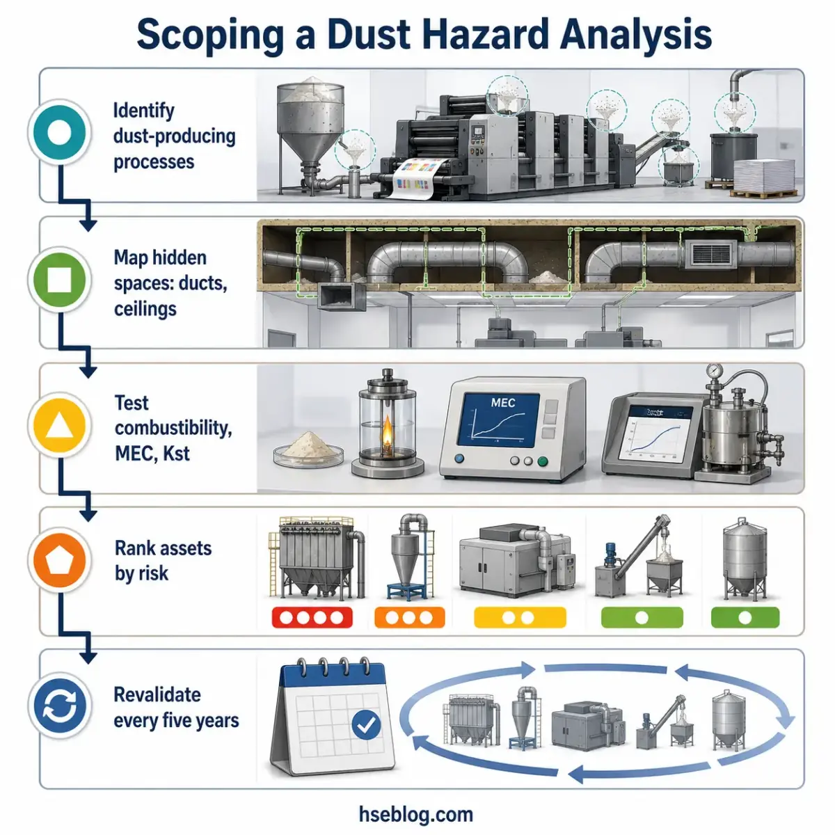 Flowchart showing the five-step process for scoping a dust hazard analysis, from identifying dust-producing processes through testing and ranking assets to revalidation every five years.