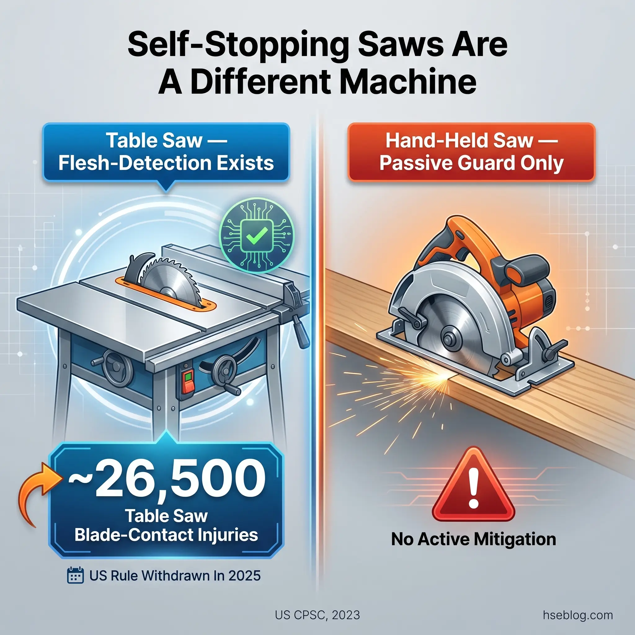 Comparison infographic showing table saws have flesh-detection technology preventing ~26,500 injuries versus hand-held saws with only passive guards and no active safety features.