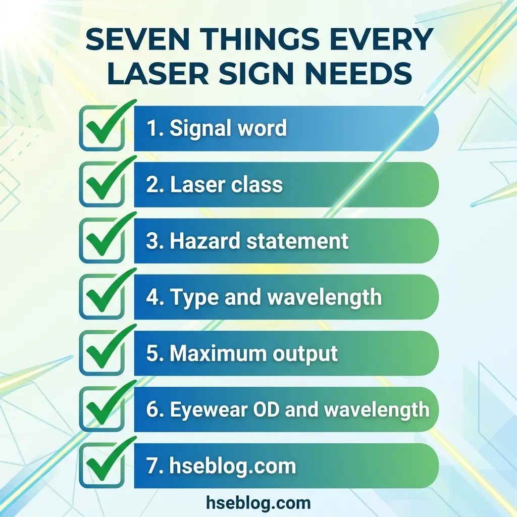 Checklist infographic showing seven essential requirements for laser safety signs, including signal word, laser class, hazard statement, type and wavelength, maximum output, eyewear OD and wavelength, and source attribution.
