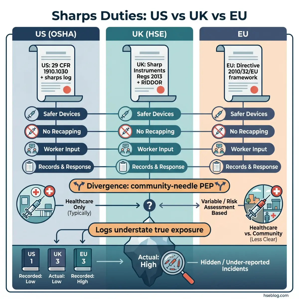 Comparative chart showing sharps safety duties across US OSHA, UK HSE, and EU regulations, highlighting shared requirements and key differences in needlestick injury reporting and community exposure assessment.