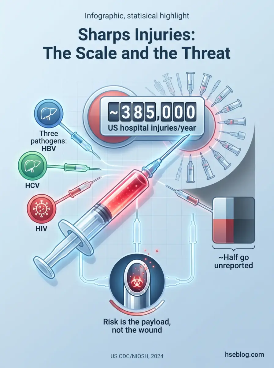 Infographic showing sharp needle injuries pose serious health risks from bloodborne pathogens HBV, HCV, and HIV, with approximately 385,000 US hospital injuries annually and half going unreported.