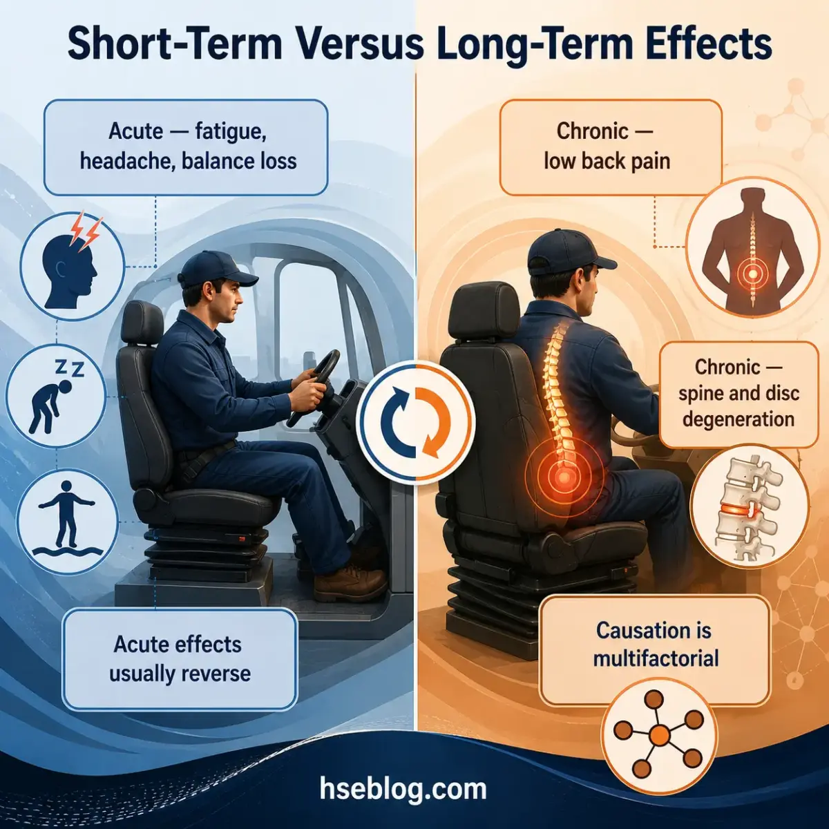 Infographic comparing short-term and long-term effects of poor driving posture, showing acute symptoms like fatigue and headaches versus chronic conditions including low back pain and spine degeneration.