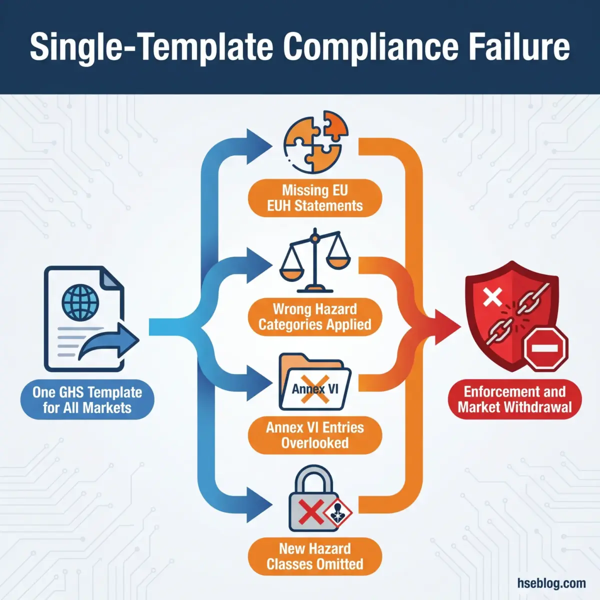 Flowchart showing how using a single GHS template for all markets leads to compliance failures including missing EU statements, wrong hazard categories, overlooked Annex VI entries, and omitted hazard classes, resulting in enforcement and market withdrawal.