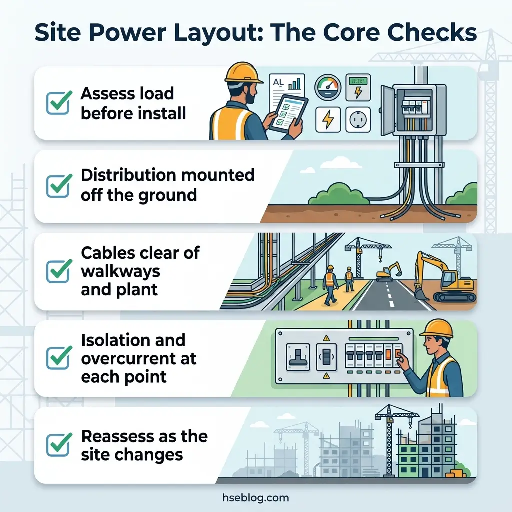 Infographic showing five essential site power layout checks: assessing load before installation, mounting distribution off ground, clearing cables from walkways, ensuring isolation and overcurrent protection, and reassessing as site conditions change.
