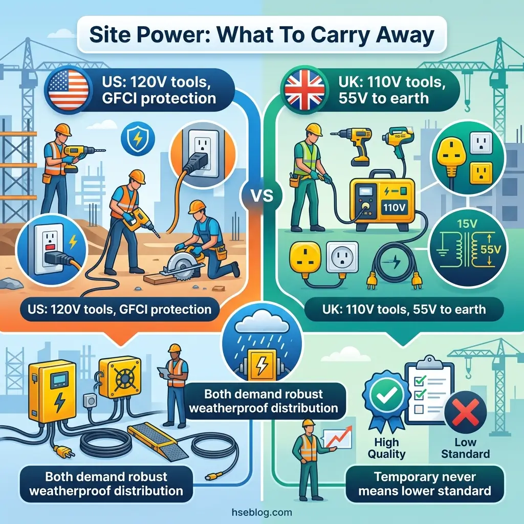 Comparison infographic showing US 120V vs UK 110V site power systems for construction, highlighting voltage standards, tool types, outlets, safety features, and weatherproofing requirements for temporary job sites.