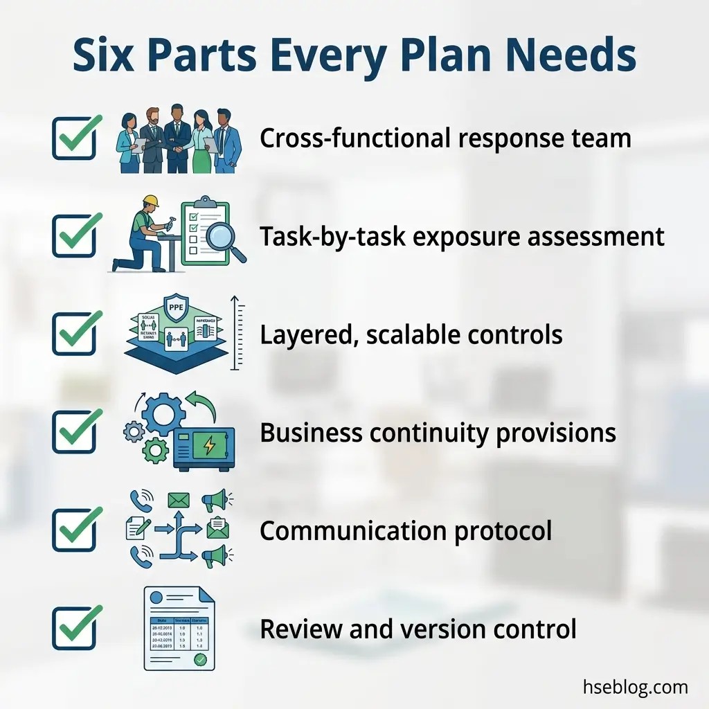 Infographic listing six essential components of effective planning: cross-functional response team, task-by-task exposure assessment, layered scalable controls, business continuity provisions, communication protocol, and review and version control.