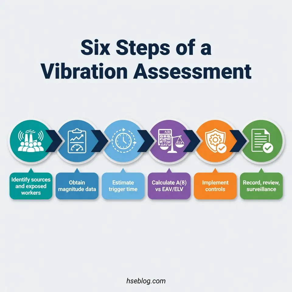 Infographic showing six sequential steps of vibration assessment: identifying sources and exposed workers, obtaining magnitude data, estimating trigger time, calculating A(8) versus EAV/ELV, implementing controls, and recording review and surveillance.