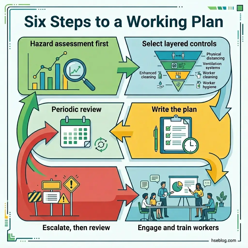 Infographic showing six steps to create a workplace safety plan: hazard assessment, selecting layered controls, writing the plan, engaging workers, escalating issues, and periodic review in a continuous cycle.