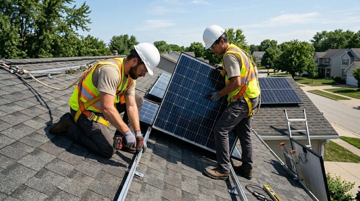 Two workers in safety gear install a solar panel on a residential rooftop while additional panels and equipment are visible on the shingled roof.