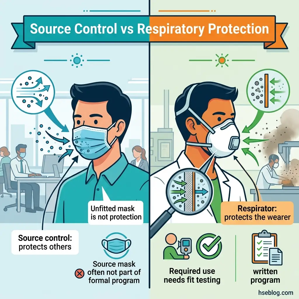 Infographic comparing source control masks that protect others versus respirators that protect the wearer, showing differences in effectiveness, fit requirements, and program implementation in workplace settings.
