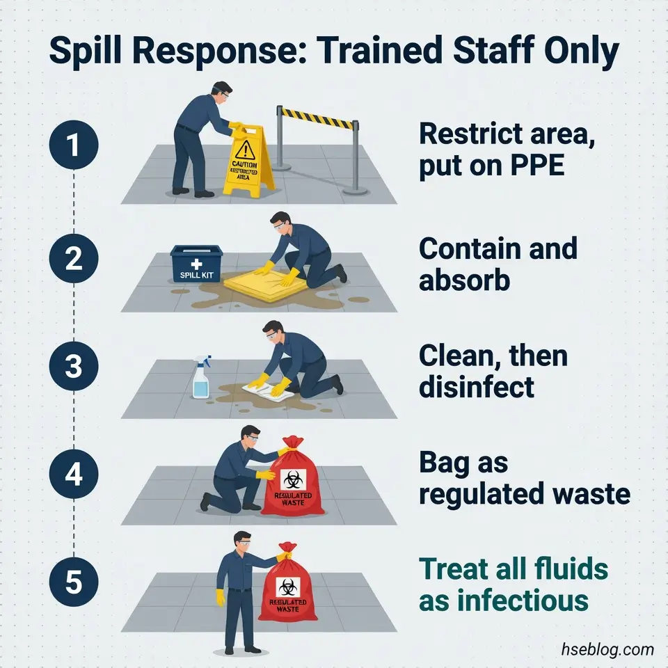 Step-by-step illustration showing trained staff performing spill response procedures including area restriction, containment, cleaning, disinfection, and disposal of biohazard waste.