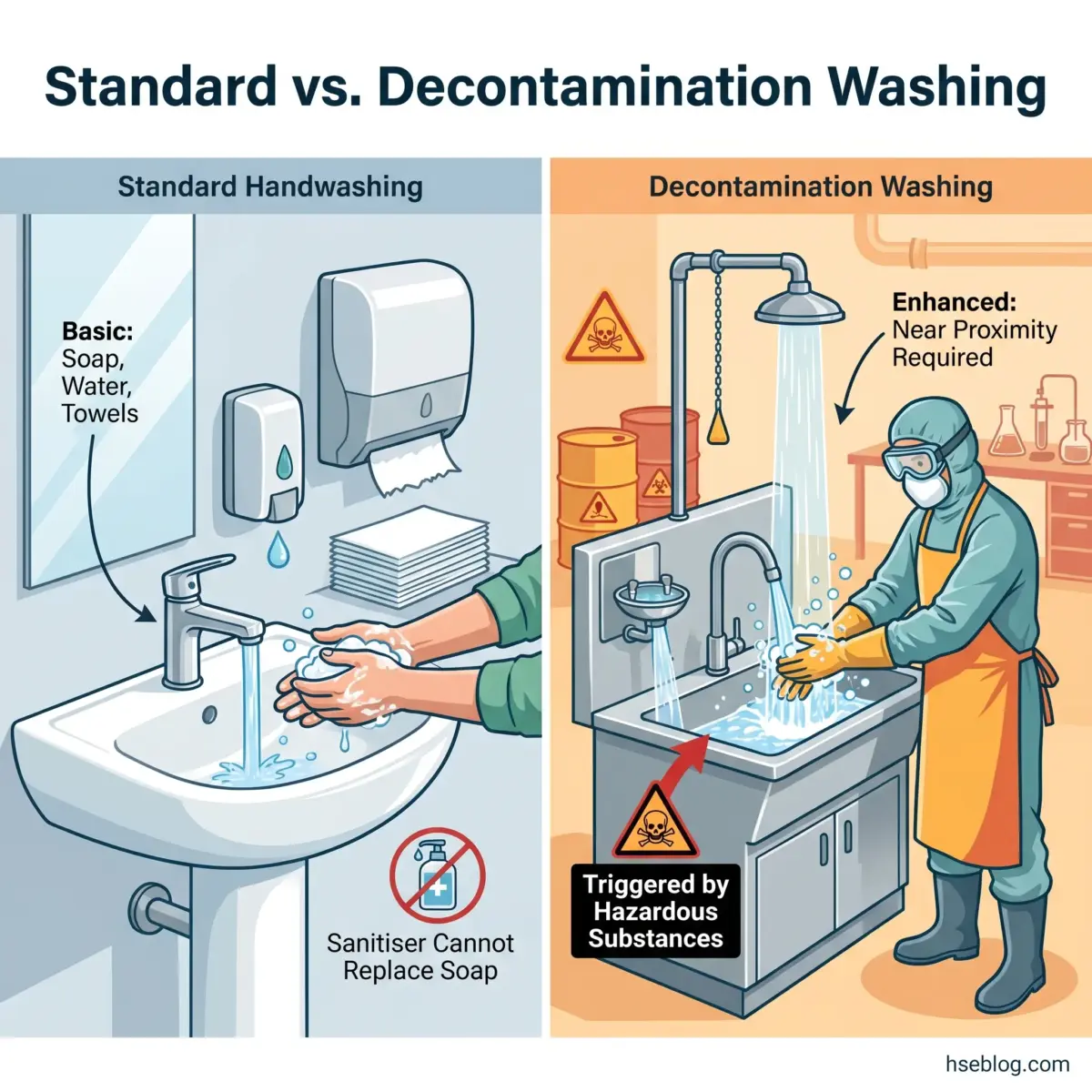 Comparison infographic showing standard handwashing with soap and water versus decontamination washing with protective equipment for hazardous substance exposure.
