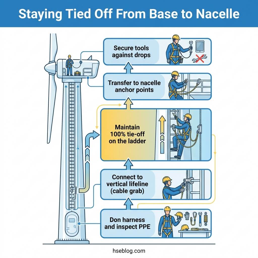 Infographic showing five sequential safety steps for wind turbine workers climbing from base to nacelle, including donning harness, connecting to lifeline, maintaining tie-off on ladder, transferring anchor points, and securing tools.