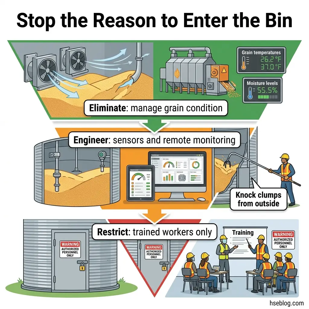 Infographic showing three steps to prevent grain spoilage: manage grain condition with cooling fans and monitoring, use sensors and remote monitoring systems, and restrict bin access to trained workers only.