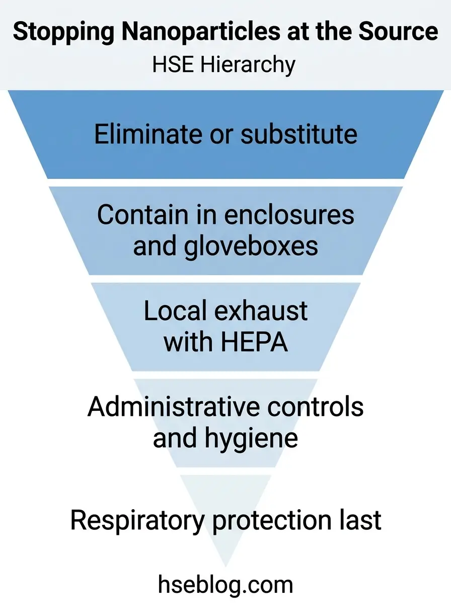 Inverted pyramid diagram showing HSE hierarchy for nanoparticle safety, progressing from elimination at the top through containment, local exhaust, administrative controls, to respiratory protection at the bottom as the least effective measure.
