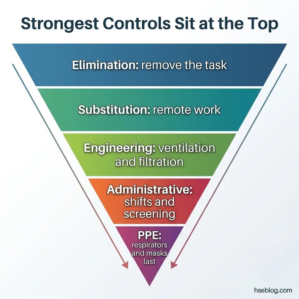 Inverted pyramid hierarchy showing occupational health and safety control measures, ranked from strongest to weakest: elimination, substitution, engineering, administrative, and PPE at the base.