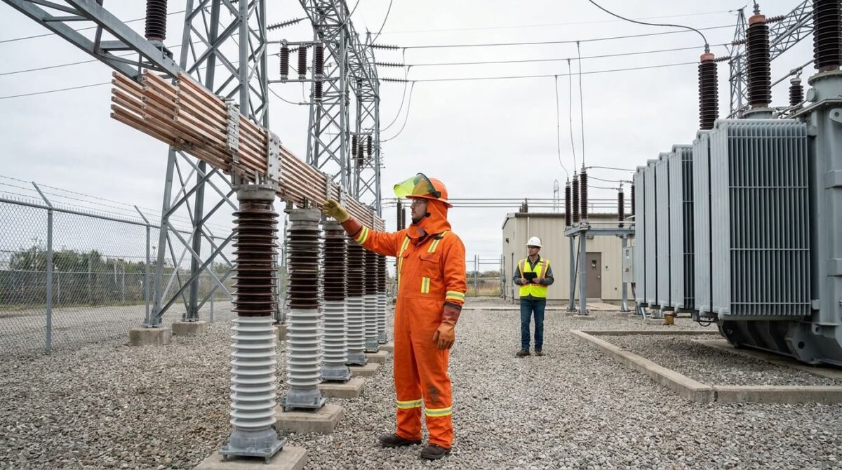 An electrical utility worker in orange safety gear inspects high-voltage insulators and transmission equipment at a power substation with metal towers and transformers.