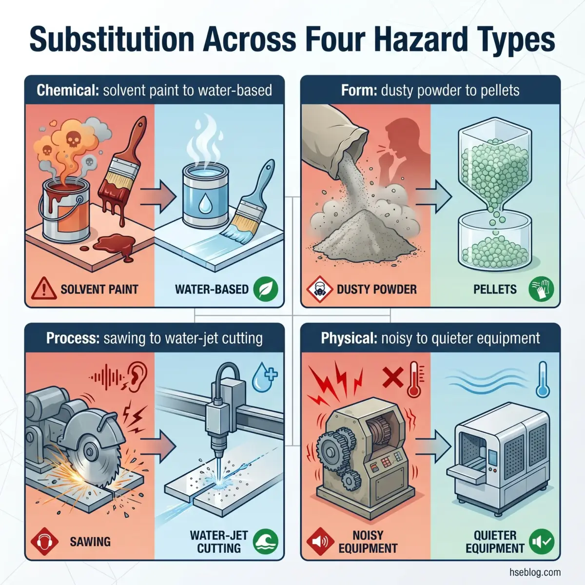 Four hazard substitution examples showing safer alternatives: solvent paint replaced with water-based paint, dusty powder with pellets, loud sawing with water-jet cutting, and noisy equipment with quieter equipment.