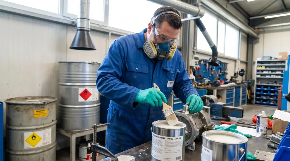 Technician in blue work uniform and safety gear applies metal coating from a brush into industrial containers in a workshop laboratory setting.