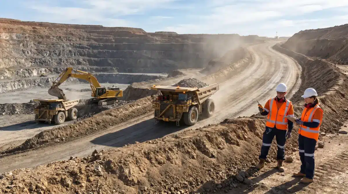 Two workers in orange safety vests and hard hats oversee a large open-pit mine operation with excavators, dump trucks, and terraced earthen walls under a dusty sky.