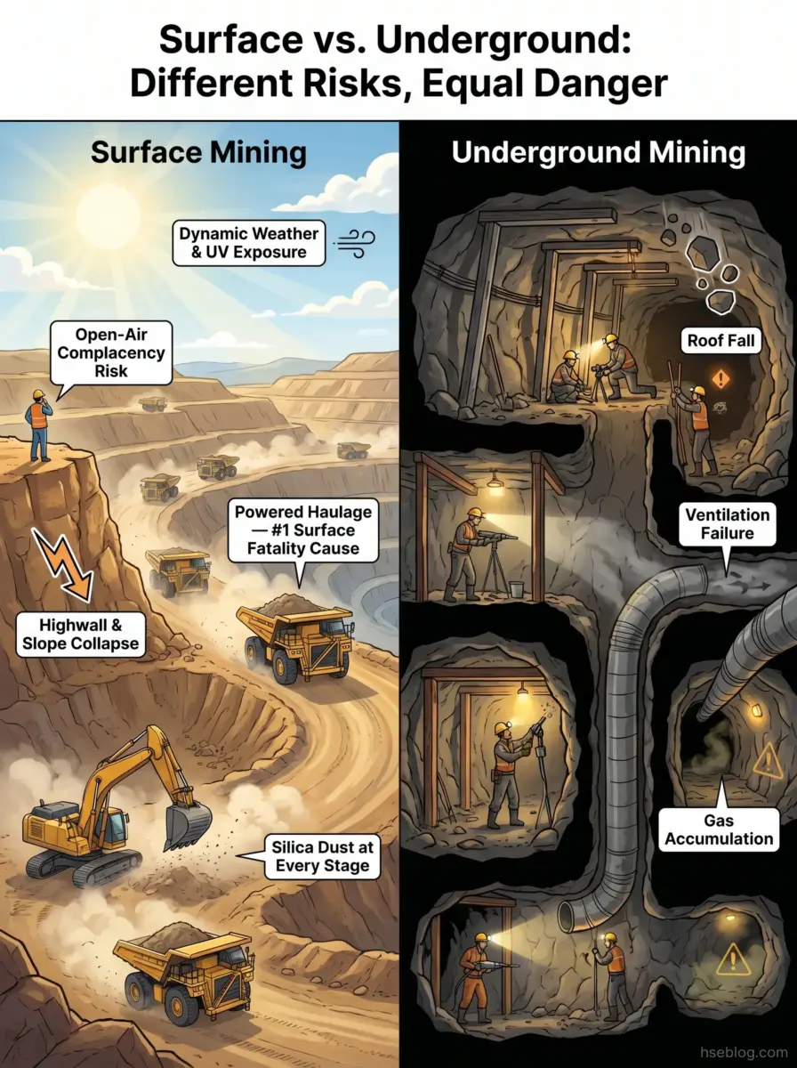 Illustrated comparison of surface mining hazards like weather exposure, slope collapse, and silica dust versus underground mining dangers including roof falls, ventilation failure, and gas accumulation.