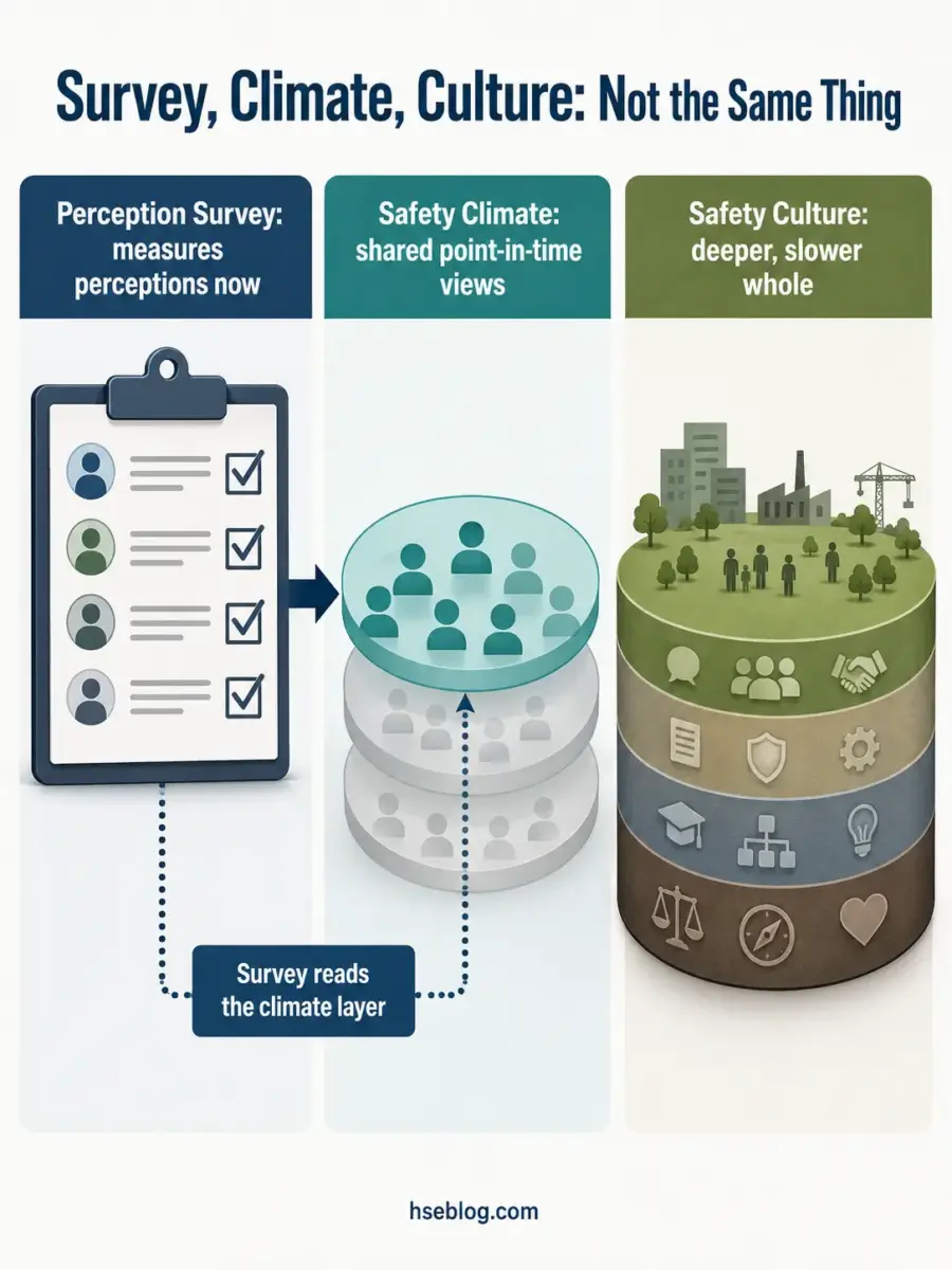 Infographic comparing perception surveys, safety climate, and safety culture as distinct concepts, showing how surveys measure current perceptions while climate and culture represent deeper organizational layers.