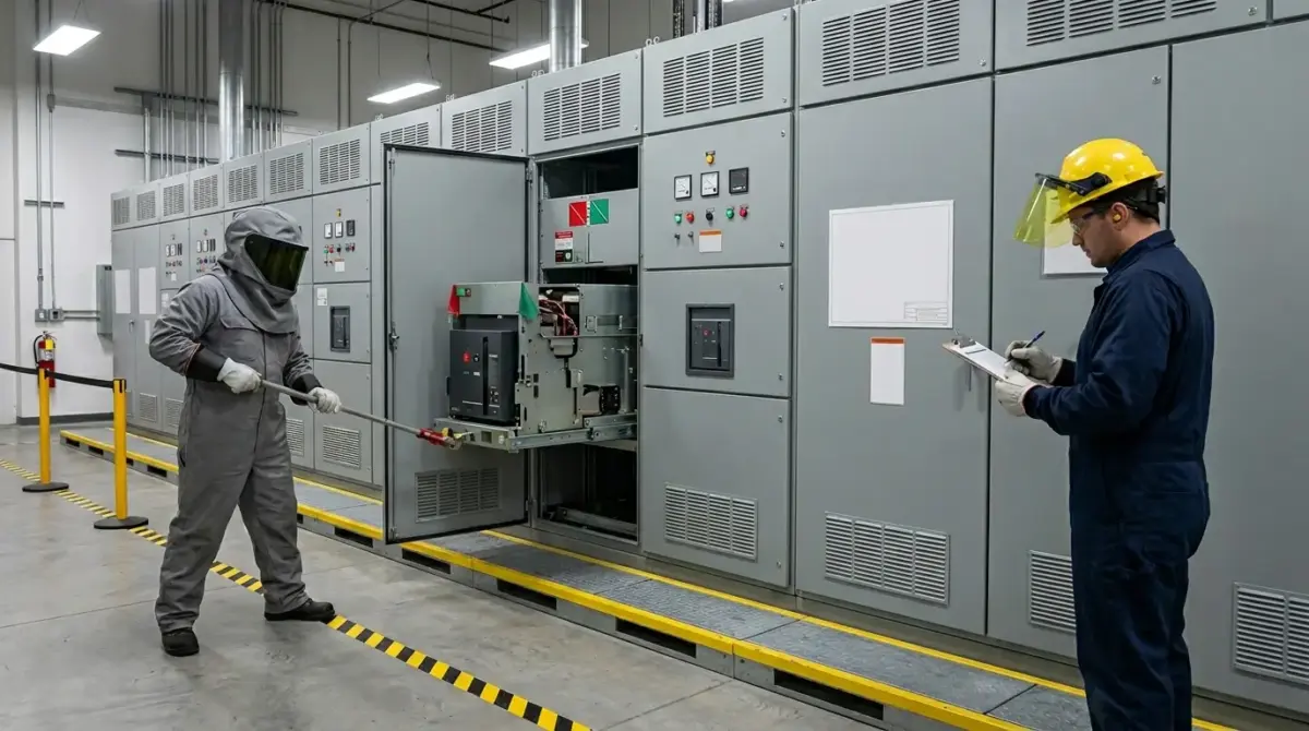 Two workers in safety gear inspect a large industrial electrical control panel with open doors revealing internal components, circuits, and indicator lights in a modern facility.