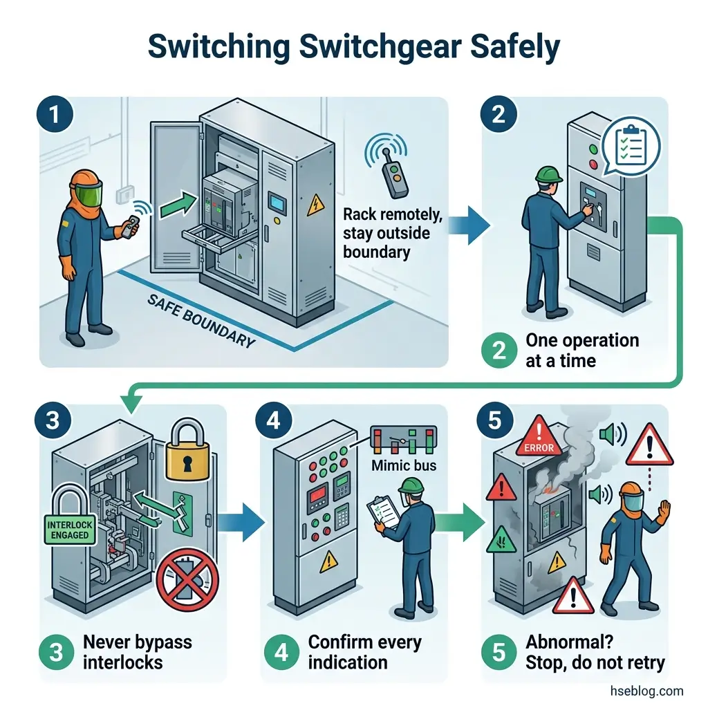 Five-step safety procedure for switching electrical switchgear showing remote operation, single operations, interlock engagement, confirmation of settings, and stopping if abnormalities occur.