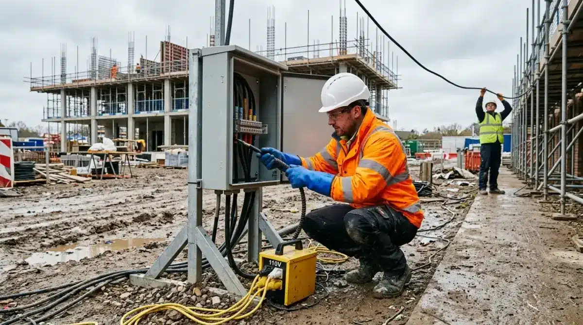 Construction worker in safety gear inspecting electrical equipment at a building site with concrete structures and reinforced steel framework visible in the background.