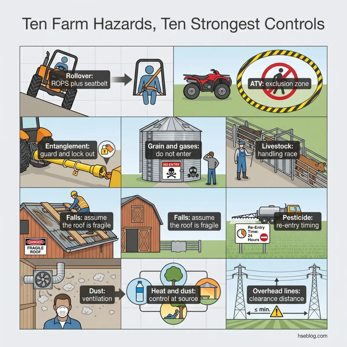 Infographic showing ten farm safety hazards and their controls: rollover prevention with ROPS and seatbelts, ATV exclusion zones, entanglement guards, grain bin entry restrictions, livestock handling safety, roof fall prevention, pesticide re-entry timing, dust ventilation, heat and dust control, and overhead electrical line clearance distances.