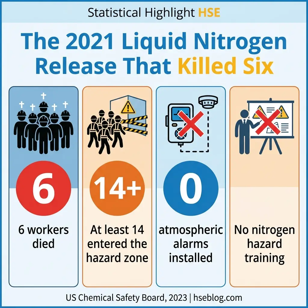 Statistical infographic showing four key facts about a 2021 liquid nitrogen accident that killed six workers, including hazard zone entry count, lack of safety alarms and training.