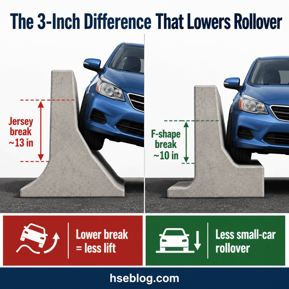 Diagram comparing two concrete barrier designs showing how an F-shape break reduces vehicle rollover risk compared to a Jersey barrier design by 3 inches in height difference.