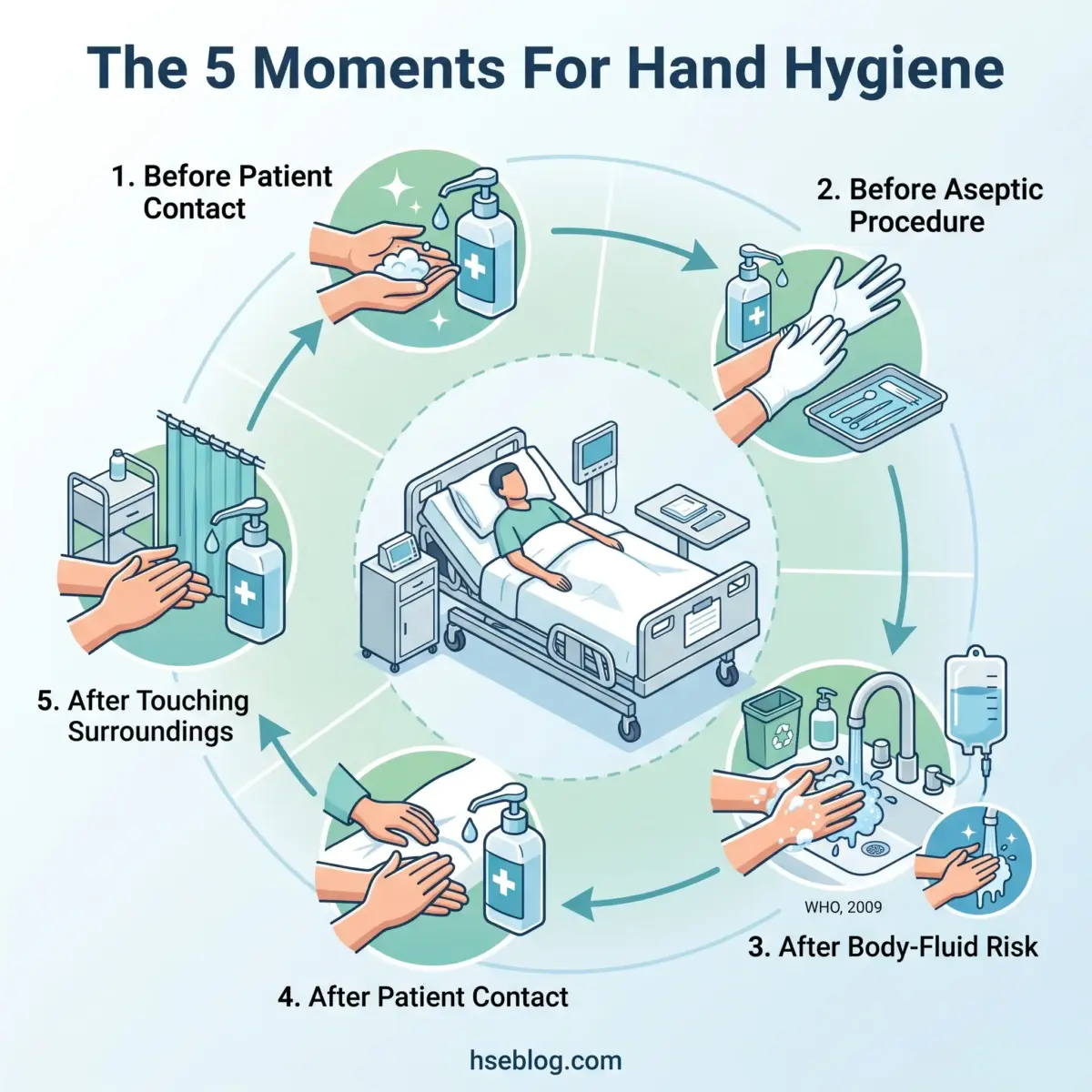 Circular diagram showing the five critical moments for hand hygiene in healthcare: before patient contact, before aseptic procedures, after body fluid risk, after patient contact, and after touching surroundings, with illustrations of healthcare workers washing hands around a central hospital bed.