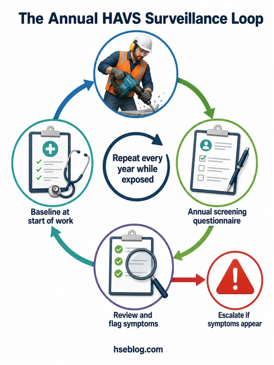 Circular diagram showing the annual HAVS surveillance loop for workers exposed to hand-arm vibration, with steps for baseline assessment, annual screening, symptom review, and escalation procedures.