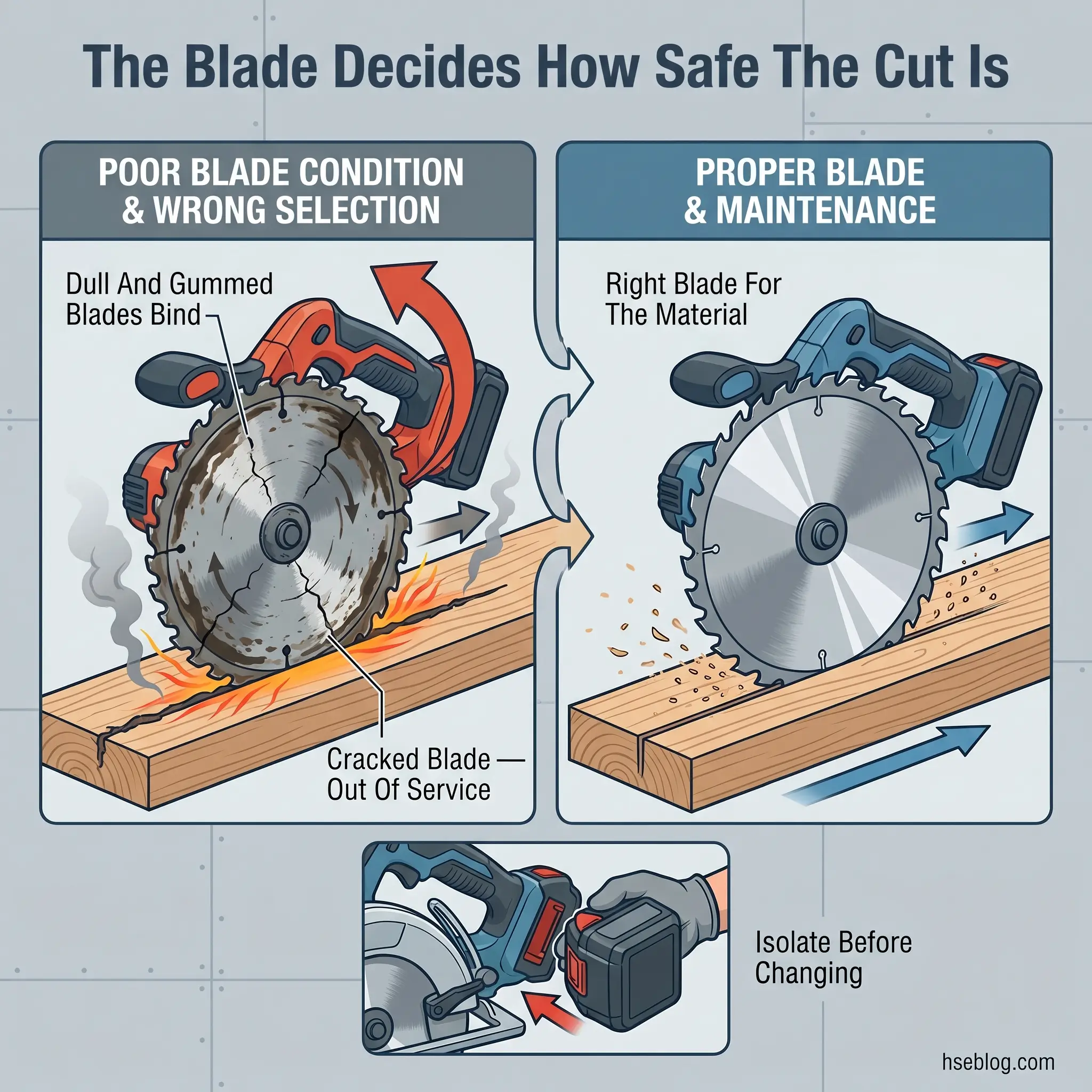 Comparison diagram showing poor versus proper circular saw blade conditions and maintenance, illustrating how dull, gummed, and cracked blades cause unsafe cuts versus sharp, properly maintained blades.