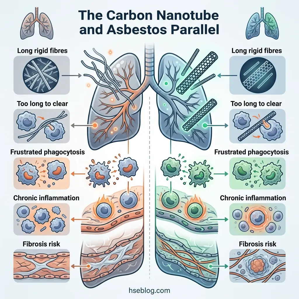 Infographic comparing health risks of carbon nanotubes and asbestos, showing how both long rigid fibers cause frustrated phagocytosis, chronic inflammation, and fibrosis in lung tissue through parallel mechanisms.