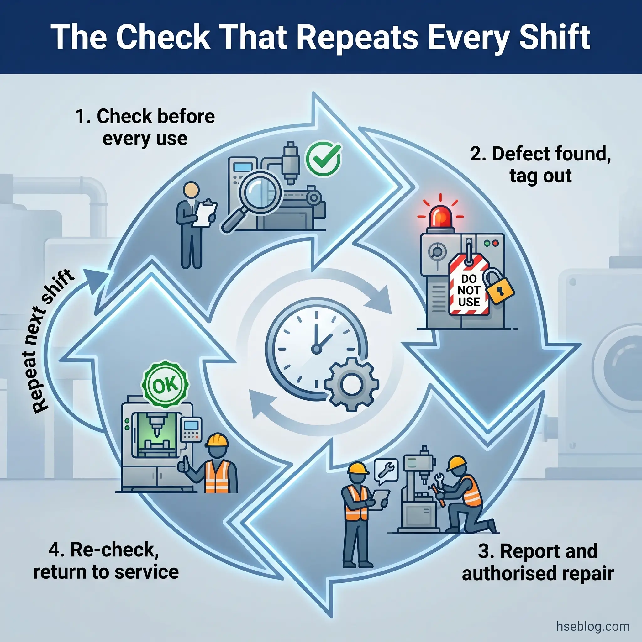 Circular diagram showing a four-step equipment safety inspection cycle: check before use, tag out if defects found, report for authorized repair, and re-check before returning to service.
