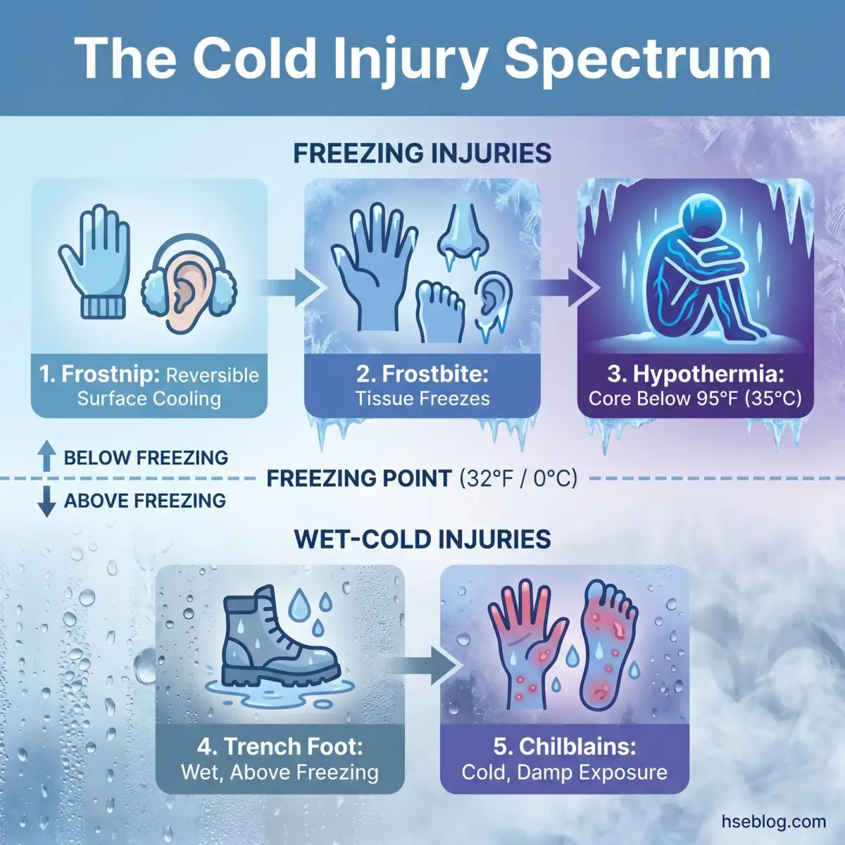 Infographic showing the cold injury spectrum from frostnip and frostbite to hypothermia, plus wet-cold injuries like trench foot and chilblains, with icons and severity progression.